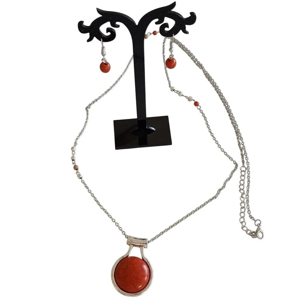 Silver Tone‎ Orange Faux Stone Pendant Necklace and Drop Earring Jewelry Set NEW